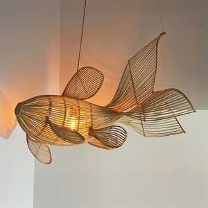 Rattan Fish Chandelier Bamboo Wicker Pendant Light Handmade Fish Shape Lampshade Boho <b>Ceiling</b> Lamp Supplier - Product Image 1