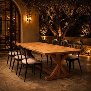 Table rectangulaire en bois avec base à tréteaux croisés, fournisseur de meubles, plateau de table, prêt à l'exportation, commandes personnalisées pour projets d'acheteurs, commerce - Product Image 5