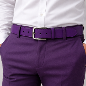 Ceinture en cuir véritable violet avec boucle rectangulaire argentée, style formel, couleur unie, en cuir de vachette - Product Image 3