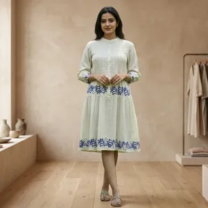 Womens Cream Embroidered Cotton Midi Dress Mandarin Collar <b>Three</b> Quarter Sleeves Pleated Bodice A Line Casual Elegant SummerWear - Product Image 1