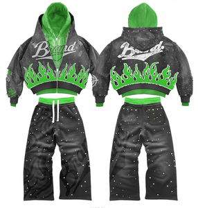 Sudadera con capucha de poliéster/algodón de secado rápido con pedrería personalizada OEM para hombre, estilo oversize, corta, con cremallera, lavado ácido, efecto desgastado, vintage, con doble cinturón. - Product Image 2
