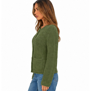 Cardigan en tricot vert olive pour femme, manches longues, col en V, décontracté, haut d'automne avec poches, coupe classique - Product Image 6
