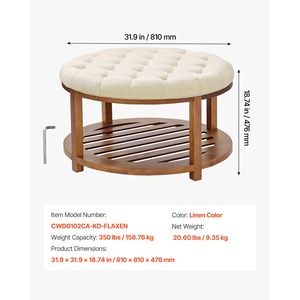Tavolino da Caffè Ottomano Grande da 31,9 Pollici con Piano Sollevabile, Ripiano in Legno Massello Trapuntato e Poggiapiedi Imbottito in Lino - Product Image 5