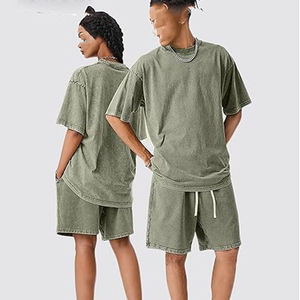 Vintage Acid Washed Sweat-Absorbing Terry Fabric T Shirt Shorts DTG Men Heavyweight Blank Oversized 100% Cotton <b>Set</b> - Product Image 6