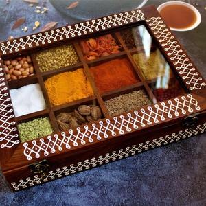 Wooden Spice <b>Box</b> with Glass Lid | Indian Masala Organizer | Multi Compartment Kitchen Spice Storage Container | <b>Herb</b> Holder - Product Image 4