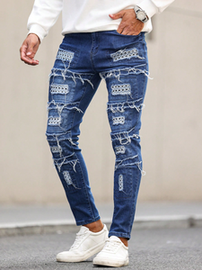 กางเกงยีนส์ผู้ชายสไตล์ยุโรปแบบวินเทจสีน้ำเงินขาดๆ ดีไซน์ทันสมัย ทรงสลิมฟิต ยืดได้ ขาตรง - Product Image 3