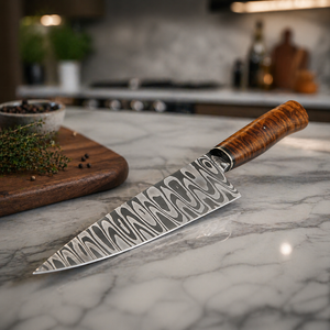 Couteau de chef artisanal avec lame en acier Damas de 8 à 9,9 pouces de longueur, manche en bois ambidextre, fourreau en cuir (style moderne) - Product Image 6