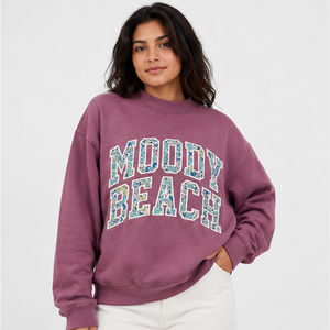 Moody Beach Letter Print Oversized Crew <b>Neck</b> Sweatshirt Applique Embroidery Sweatshirt Women Loose Fit <b>Mock</b> <b>Neck</b> Pullover - Product Image 4