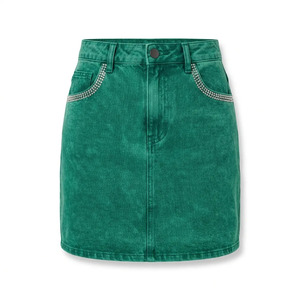 Mini-jupe en jean stretch sur mesure pour femme, coupe ajustée, ourlet brut, fournisseur d'usine en gros pour les marques américaines - Product Image 5