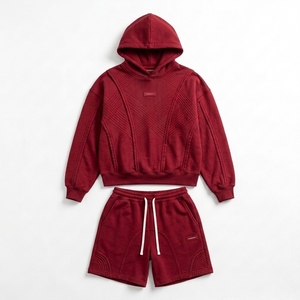 Ensemble de survêtement décontracté pour homme avec sweat à capuche et short à cordon de serrage, couleur unie, manches longues, en coton respirant, idéal pour le printemps - Product Image 5