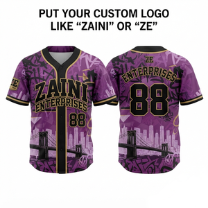 Maillot de baseball pour homme 180 GSM en polyester interlock premium violet, noir et or, entièrement boutonné, avec panneau contrastant et logo personnalisé par sublimation - Product Image 1