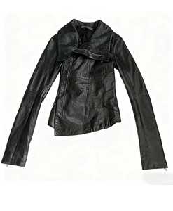 Unisex <b>Black</b> Genuine Leather Moto Jacket <b>Turtleneck</b> Zipper Closure Chains Decoration Slim Fit Regular Length Autumn Style - Product Image 4
