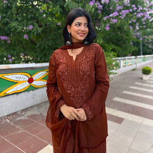 ชุดคุर्ติปัลลาซโซ่ปักลายพร้อมผ้าคลุมไหล่ผ้าไหมวิสโคสแท้สำหรับผู้หญิง สไตล์ชาติพันธุ์ เหมาะสำหรับใส่ไปเที่ยวชายหาด - Product Image 1