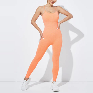 High Elastic Summer Knitted Bodycon Jumpsuits Women Yellow Jumpsuit Sleeveless Crisscross <b>Back</b> Slim Fit Athletic Yellow Jumpsuit - Product Image 3