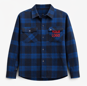Chemise en flanelle à carreaux bleus pour homme, manches longues, col rabattu, avec poche logo sur le devant, vêtement d'automne - Product Image 2