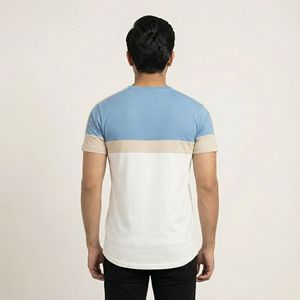 เสื้อยืดคอกลมแขนสั้นสีฟ้าอ่อน เบจ ขาว สามสี แบบคัลเลอร์บล็อก สำหรับผู้ชาย สไตล์ลำลอง รับทำโลโก้ตามสั่ง รับผลิตแบบ OEM ODM ขายส่งเสื้อผ้า - Product Image 5