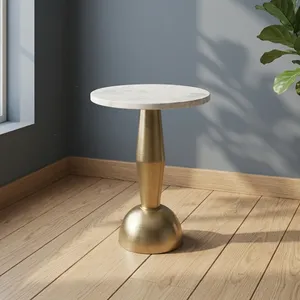 Modern Round White Marble Top <b>Side</b> <b>Table</b> with Brushed <b>Gold</b> Metal Pedestal Base Luxury Accent Furniture for Elegant Living Spaces - Product Image 3