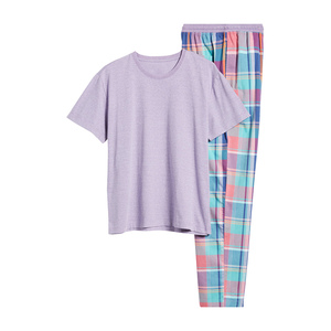 Ensemble pyjama à carreaux pour hommes, t-shirt à manches courtes et pantalon long, vêtements de nuit en coton tricoté, vêtements de maison décontractés d'été - Product Image 4