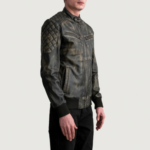 Veste moto en cuir véritable noir pour homme, col montant, fermeture éclair, longueur normale, style automne - Product Image 2