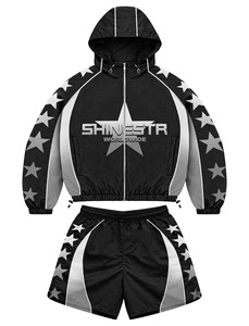 Conjunto Corto de Chaqueta Cortavientos y Pantalones Cortos de Forro Polar de Algodón y Poliéster de Primera Calidad, 320 GSM, Color Negro, con Logotipo Personalizado Estampado en Relieve para Hombre - Product Image 5