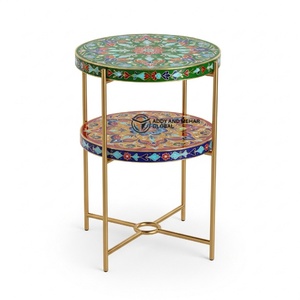 Handcrafted Round Bone Inlay Side Table with Metal Frame – Multicolor Two-Tier Accent Table <b>for</b> Living Room & Ottomans - Product Image 2