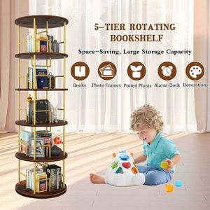 Libreria Girevole a 5 Ripiani in Legno e Metallo, Espositore Rotante a 360° per Libri - Product Image 3