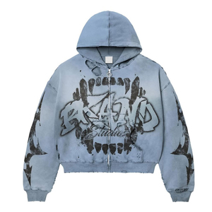 Custom Men Graphic Print Distressed Zip Hoodie Boxy Fit Acid Wash Streetwear Hoodie Y2K Frayed Hem Fleece Hoodie Manufacturer - Product Image 3