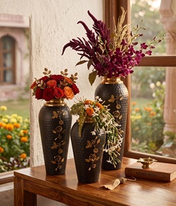 Luxury matte black floor <b>vase</b> <b>small</b> with hammered gold rim and intricate floral vine detailing. Premium home decor centerpiece - Product Image 5