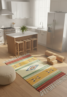 Tapis/chemin de table moderne en coton tissé beige, motif floral, lavable en machine, avec envers réversible, multicolore, pour prière, pique-nique, voyage