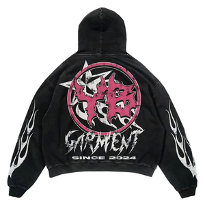 Ensemble sweat à capuche unisexe noir style punk avec pantalon large à motifs flamme, tenue deux pièces graphique vintage streetwear gothique Y2K délavée - Product Image 3