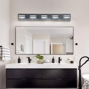 Modern 32\" Black 5-<b>Light</b> <b>LED</b> Vanity <b>Light</b> <b>Square</b> Acrylic Lampshades Wall Mount Fixture for Bathroom Mirror Lighting - Product Image 1