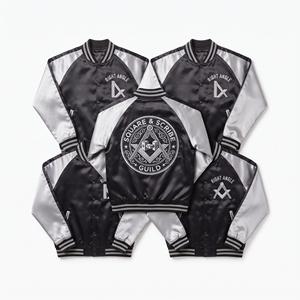 Factory Direct Black <b>Silver</b> Satin Varsity <b>Jacket</b> Custom Snap Button Embroidered Square Scribe Guild Baseball Outerwear Coat - Product Image 1