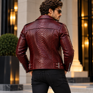 Mens <b>Burgundy</b> Embossed Breathable Snake Skin <b>Leather</b> Biker <b>Jacket</b> Stylish Streetwear Motorcycle Outerwear Fashion - Product Image 5