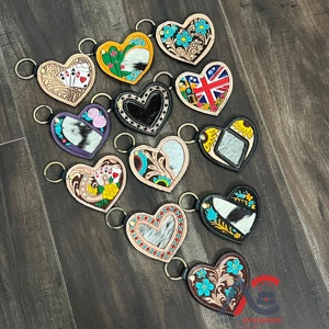 <b>Custom</b> Hand Tooled Leather Heart Keychain Card Design Handmade Genuine Cowhide Leather <b>Key</b> Ring Rodeo Gift Accessory for Unisex - Product Image 1