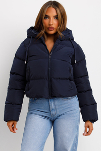 Wholesale Cropped Hooded Puffer Jacket Full Drawstring Zip Bubble Padding Winter <b>Down</b> Warm Outerwear Bulk Supply - Product Image 2