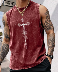 Men's Olive Green Sleeveless Tank Top with White Sword Print O-Neck Washed Cotton Summer Breathable Quick Dry Casual Wear - Product Image 6