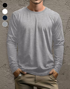 Customized 100% Cotton Men's Long Sleeve T Shirt Knitted O Neck Solid Blank Tee Breathable Front Logo 180g Casual Wear - Product Image 1