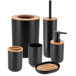 Juego de baño de diseño en negro y madera para la organización diaria de la higiene, habitaciones de hotel y decoración contemporánea del hogar. - Product Image 1