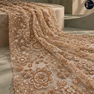 Champagne Floral Beaded Dress <b>Fabric</b> with Gold <b>Embroidery</b> and Pearl Motifs | Decorative Net Textile for Bridal Gowns Eveningwear - Product Image 3