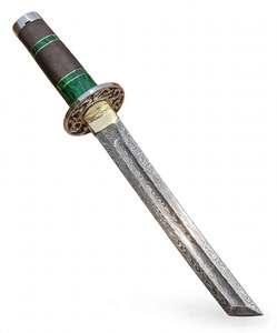 Cuchillo de hoja fija artesanal de acero de Damasco estilo japonés, herramienta de exhibición con guardacuchillo de latón y mango de madera de resina verde, DIY OEM - Product Image 5