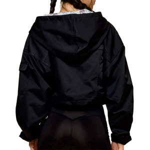 Custom Black Women's Cropped Windbreaker Packable Option <b>Lightweight</b> Hooded Zip Up Fitness Outerwear OEM Bomber <b>jacket</b> for men - Product Image 2