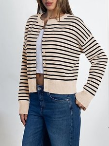 Cárdigan de Punto a Rayas Beige para Mujer, Manga Larga, Cuello Redondo, Suéter Informal de Otoño - Product Image 3