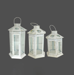 Set of 3 Off-White and Pink Metal <b>Candle</b> Lanterns Perforated Filigree Floral Pattern Cylindrical Body <b>Arch</b> Wire Handle Tabletop - Product Image 6