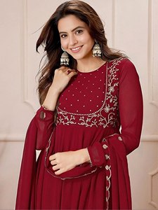 Traje Salwar Tradicional Indio-Pakistaní para Mujer, Color Granate, con Cuello Bordado, Corte Regular, Vestido Midi de Secado Rápido para Todas las Temporadas - Product Image 5