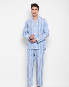 Pyjama en coton rayé pour homme, manches longues, vêtements de nuit décontractés, tissu tissé doux d'été avec poches - Product Image 1