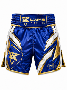 กางเกงมวยไทย MMA สีน้ำเงิน ขาว ทอง พิมพ์ลายแบบ Sublimation สำหรับผู้ใหญ่ 男女 แห้งเร็ว ระบายอากาศได้ดี ผลิตจากโพลีเอสเตอร์ 100% เหมาะสำหรับใส่ในยิม - Product Image 4