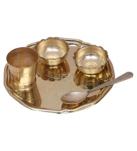 Juego de thali de latón antiguo para puja, accesorios religiosos, plato, diya, cuenco, cuchara, kalash, ofrenda, ritual hindú, decoración festiva para el hogar, elegante - Product Image 3