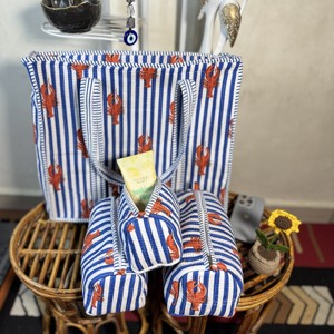 Bolsa de Lona Bordada con Langosta a Rayas Azules y Blancas, Estilo Preppy, Bolsa de Compras de Verano - Product Image 3