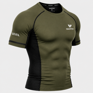 Warpro Men's Olive Green <b>Compression</b> Rash Guard Short Sleeve Quick Dry Workout <b>Shirt</b> with Mesh Panels and Logo Front - Product Image 1