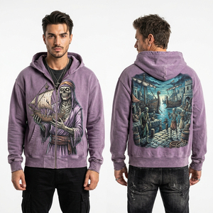 Sudadera con capucha morada teñida con cremallera para hombre, con gráfico de barco pirata, estilo urbano, lavado vintage, desgastada, oversize, fabricante - Product Image 1